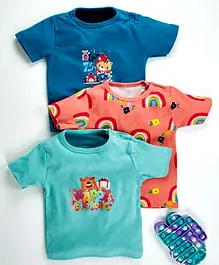Kidi Wav Half Sleeves Pack Of 3 Rainbow & Teddy Print T-Shirts - Multi Color