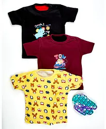 Kidi Wav Half Sleeves Pack Of 3 Jungle Theme Print T-Shirts - Yellow Maroon
