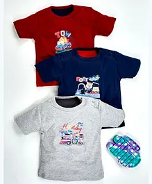 Kidi Wav Half Sleeves Pack Of 3 Teddy Print T-Shirts - Blue Maroon