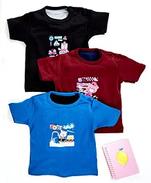 Kidi Wav Half Sleeves Pack Of 3 Teddy Print T-Shirts - Blue Maroon