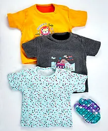 Kidi Wav Half Sleeves Pack Of 3 Polka Dotted & Lion Print T-Shirts - Multi Color
