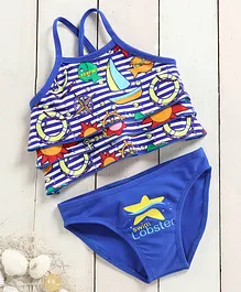 LOBSTER Singlet Sleeves Two Piece Striped Swimsuit Boat Print - Blue