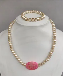 Tiny Closet Oval Stone Detail Necklace Bracelet Set - Pink