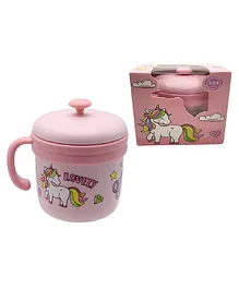 WISHKEY Stainless Steel Double Walled Unicorn Milk Cup with Lid and Handle Pink - 260 ml