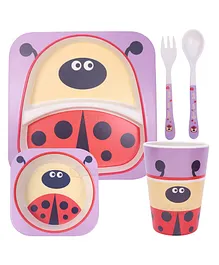 Toyshine 5 Pc Lady Bug Bamboo Dinnerware Plate and Bowl Set Eco Friendly and Dishwasher Safe Great Gift for Birthday - Multicolor