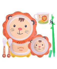 Toyshine 5 Pc Lion Bamboo Dinnerware Plate and Bowl Set Eco Friendly and Dishwasher Safe Great Gift for Birthday - Multicolor