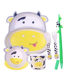 Toyshine 5 Pc Cow Bamboo Dinnerware Plate and Bowl Set Eco Friendly and Dishwasher Safe Great Gift for Birthday - White Yellow