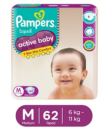 Pampers Active Baby Taped Diapers, Medium size diapers, (MD) 62 count, taped style custom fit
