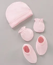 Babyhug 100% Cotton Cap Mittens & Booties Set Solid Pink - Diameter 12 cm