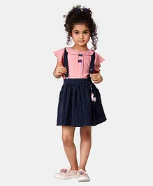 Peppermint Short Sleeves Bow Applique Top & Stripes Dungaree Skirt Set - Navy Blue