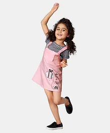 Peppermint Half Sleeves Stripes Top & Printed Dungaree Skirt Set - Pink