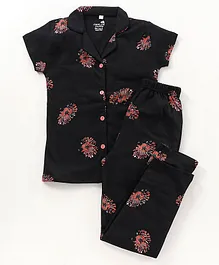 CHICKLETS Floral Print Short Sleeves Shirt With Pajama Night Suit - Black