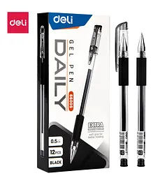 Deli Daily Black Gel Pen Set for Student for Exams Soft Grip Bullet Nib 400mm Long Writing Leakproof Pack of 12 - Black