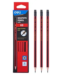 Deli Intense Black Writing Drawing Sketching Graphite Pencil with Eraser Pre Sharpened Smooth HB Hexagon Barrel Pencil 12 Pieces E10901