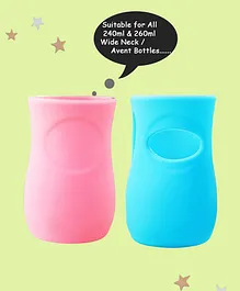 THE LITTLE LOOKERS Glass Feeding Bottle Protection Silicone Cover For Wide Neck And Avent Feeder Pink Blue Pack Of 2 - Fits 240 To 260 ml
