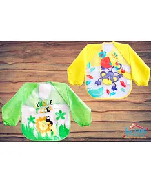 The Little Lookers Full Sleeves Washable PVC Waterproof Bibs Pack Of 2 - Green Yellow