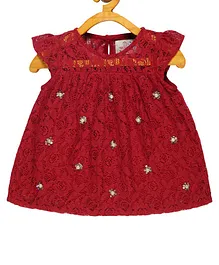 Young Birds Short Sleeves Embellished Lace Top - Maroon