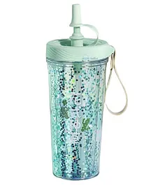 FunBlast Glitter Sipper Bottle with Straw and Lid Green - 400 ml