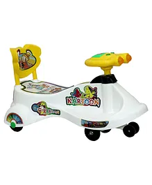 Goyal's Kartoon Face Musical Free Wheel Swing & Twist Magic Car With Back Support - White
