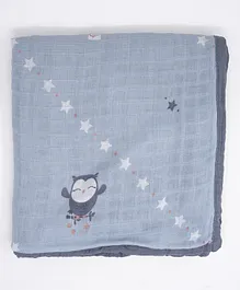 Cocoon Care Bamboo Muslin Double Sided Big Blanket Wise Owl Printed - Light Blue