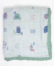Cocoon Care Bamboo Muslin Double Sided Baby Blanket Learn ABC Print- Green