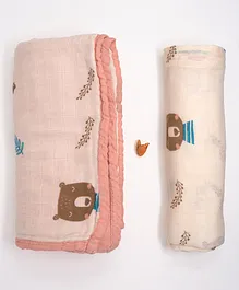 Cocoon Bamboo Muslin Baby Blanket Swaddle Set Woodland Friends Prints - Light Pink