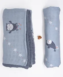 Cocoon Bamboo Muslin Baby Blanket Swaddle Set Wise Owl Print - Light Blue