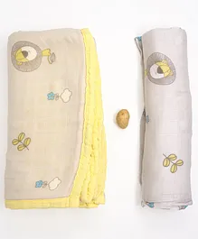 Cocoon Bamboo Muslin Baby Blanket Swaddle Set Mighty Lion Print - Yellow