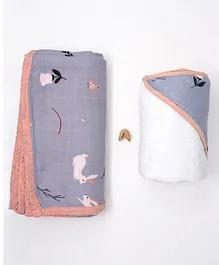 Cocoon Bamboo Muslin Baby Blanket Hooded Towel Set Rabbit Farm Print - Violet
