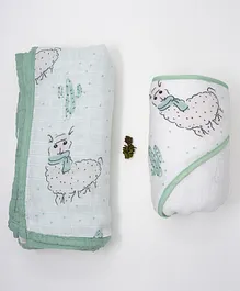 Cocoon Bamboo Muslin Baby Blanket Hooded Towel Set Lama Greens Print - Green