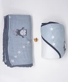 Cocoon Bamboo Muslin Baby Blanket Hooded Towel Set Wise Owl Print - Blue