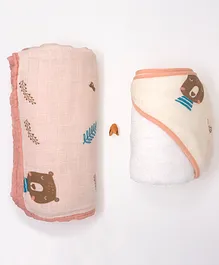 Cocoon Bamboo Muslin Baby Blanket Hooded Towel Set Woodland Friends Print - Pink