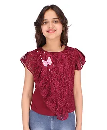 Cutecumber Half Sleeves Butterfly Sequin Patch And Pearls Embellished Lace Top - Maroon