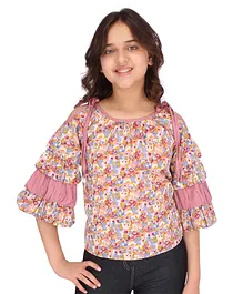 Cutecumber Three Fourth Sleeves Floral Printed Layered Bell Sleeves Top - Dusty Pink