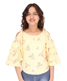 Cutecumber Three Fourth Sleeves Floral Printed Layered Bell Sleeves Top - Yellow