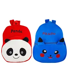 SS Impex Pikachu & Panda Plush School Bags Pack of 2 Red Blue - 14.5 Inches each