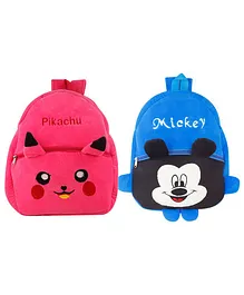 SS Impex Pikachu & Mickey Plush School Bags Pack of 2 Pink Blue - 14.5 Inches each