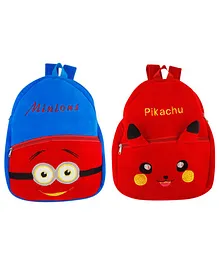 SS Impex Minions & Pikachu Plush School Bags Pack of 2 Blue Red - 14.5 Inches each
