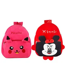 SS Impex Minnie & Pikachu Plush School Bags Pack of 2 Pink Red - 14.5 Inches each