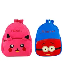 SS Impex Minions & Pikachu Plush School Bags Pack of 2 Pink Blue - 14.5 Inches each