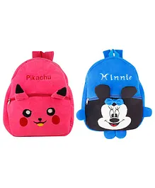 SS Impex Minnie & Pikachu Plush School Bags Pack of 2 Pink Blue - 14.5 Inches each