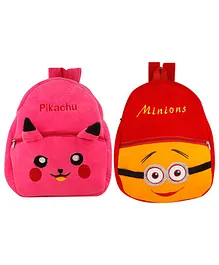 SS Impex Minions & Pikachu Plush School Bags Pack of 2 Pink Red - 14.5 Inches each