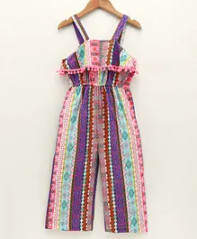 M'andy Sleeveless All Over Motif Printed Pom Pom Lace Detailing Jumpsuit - Multi Color