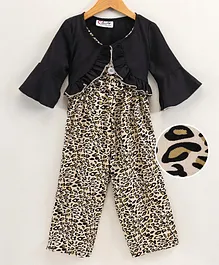 M'andy Sleeveless Leopard Jumpsuit With Three Fourth Sleeves Solid Jacket - Black