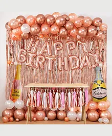 AMFIN Happy Birthday Curtain Decoration / Happy Birthday Rose Gold Decoration / Champagne balloons / Let's Party foil / Tassels Garland - Pack of 117