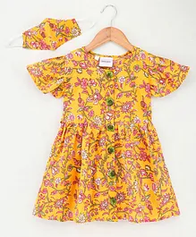 Kidctera Frill Sleeves Floral Print Dress With Matching Mask - Yellow