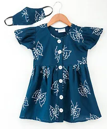 Kidcetra Frill Sleeves Butterfly Print Dress With Matching Mask - Blue