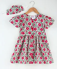 Kidcetra Frill Sleeves Floral Print Dress With Matching Mask - Red