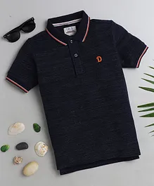 DALSI Half Sleeves Melange Style Lines Self Design Polo Tee - Navy Blue