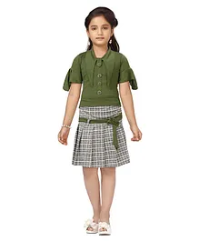 Aarika Half Sleeves Solid Top With Checks Print Skirt - Green Grey
